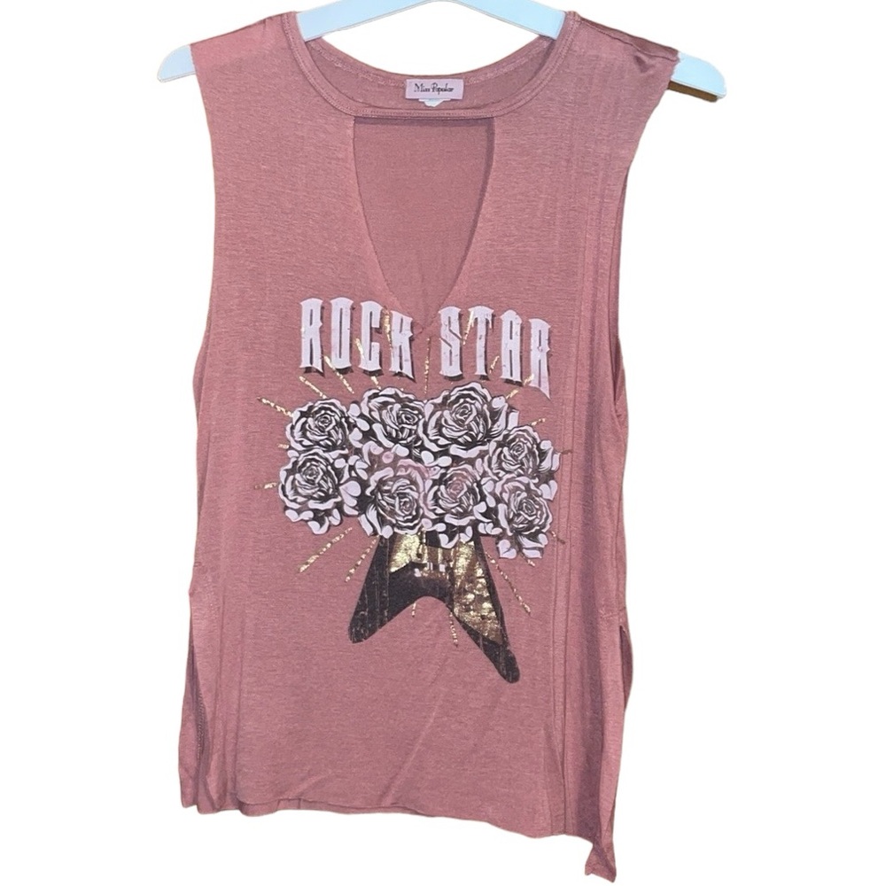 •MISS POPULAR•MAUVE CUT-OUT CHEST "ROCKSTAR" FORAL GUITAR TANK TOP SIZE SMALL.